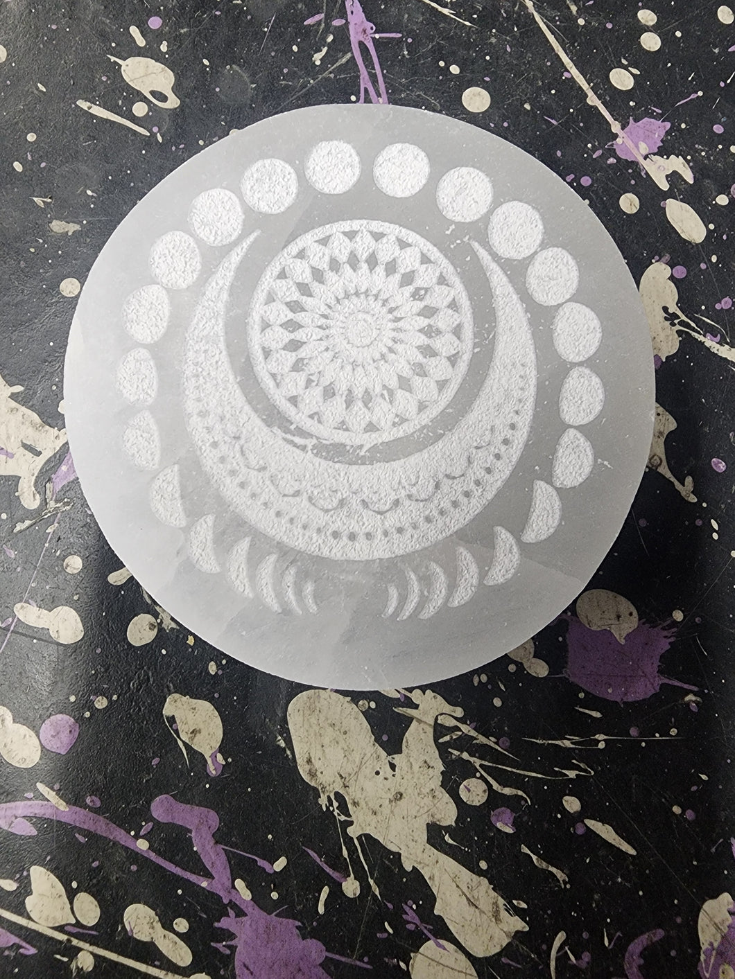 Selenite charging plate w/mandala and moon phases