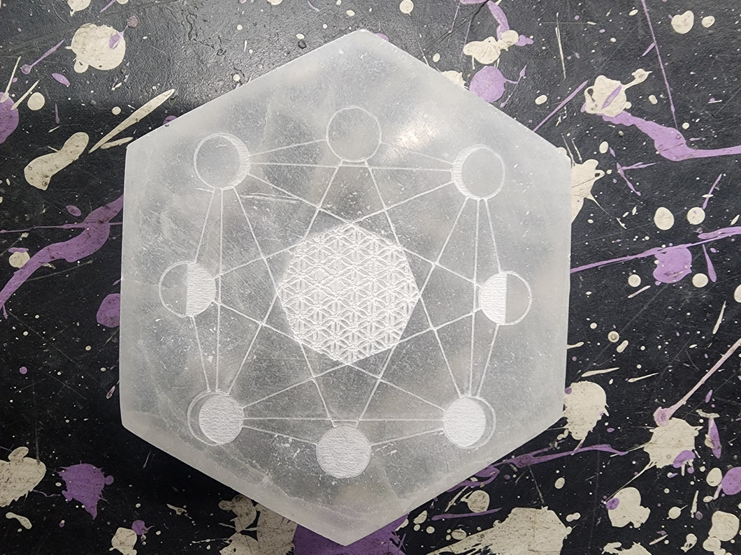 Selenite Hex shaped with Flower of Life bad Moon phases