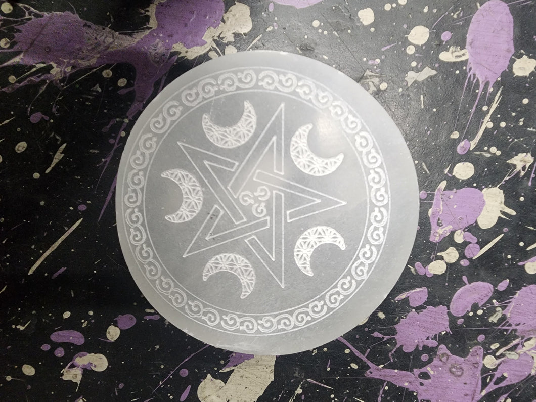 Selenite Disc Engraved WIth Pentacle and Cresent moons