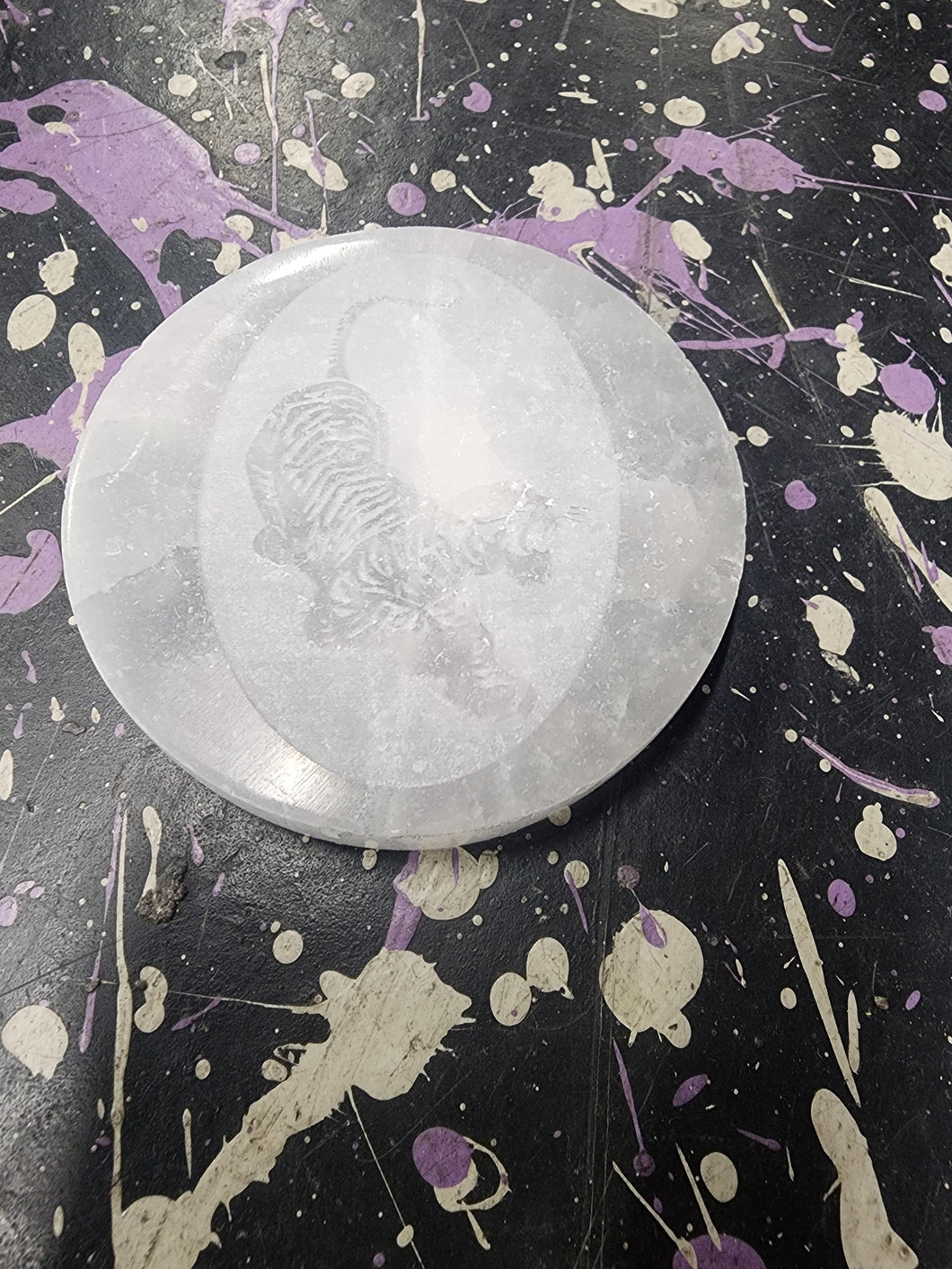 Selenite Disk Engraved with Tiger