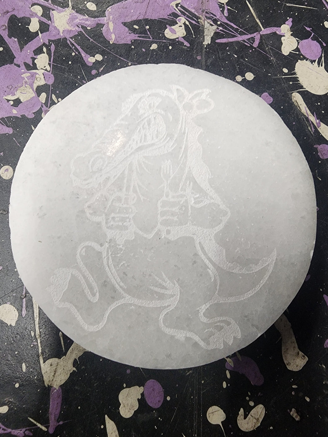 Selenite disk engraved with Hungry Alligator