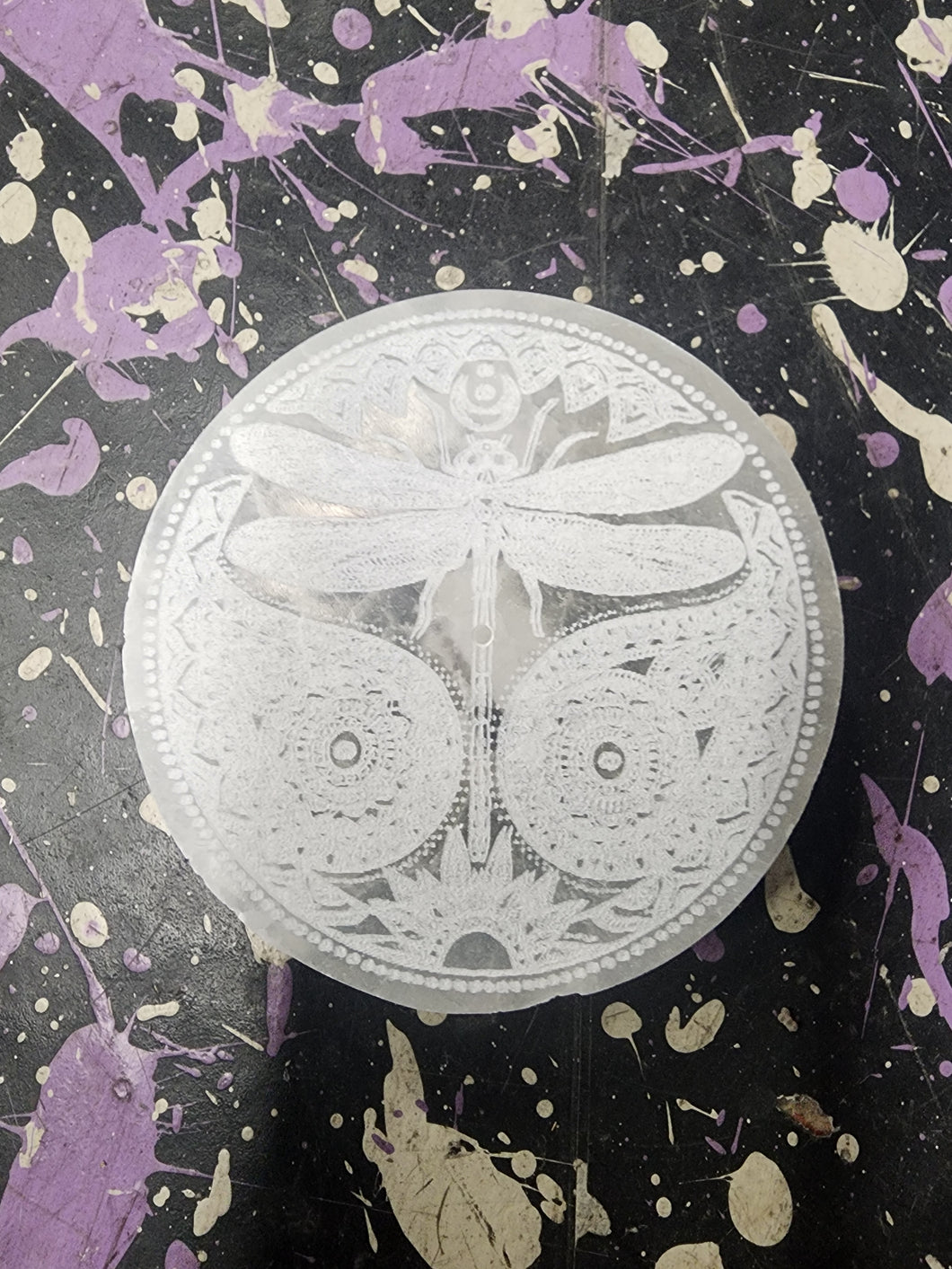 Selenite Flat engraved With mandala and Dragonfly